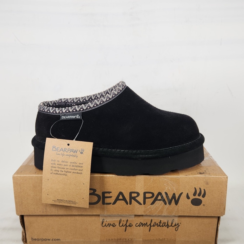 Bearpaw Martis Slippers Kids Size 3 Black Suede Woven Trim BearCoat Comfort